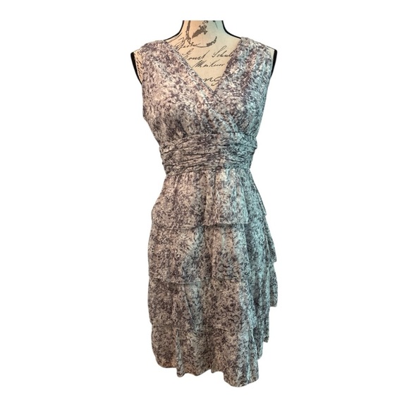 TALBOTS sleeveless dress, gray & subtle violet, lined, fit and flare, tiers. - Picture 3 of 8